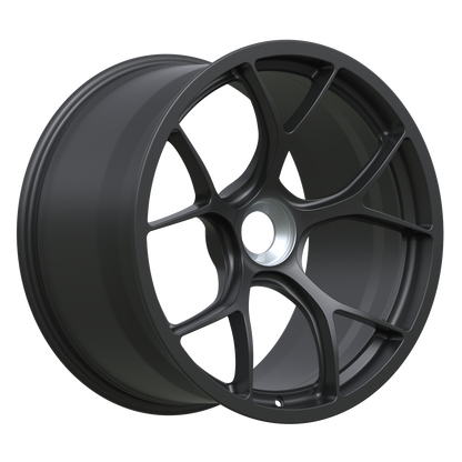 Strato Dynamics F5R forged monoblock centerlock wheel in Midnight Black, angled hero view
