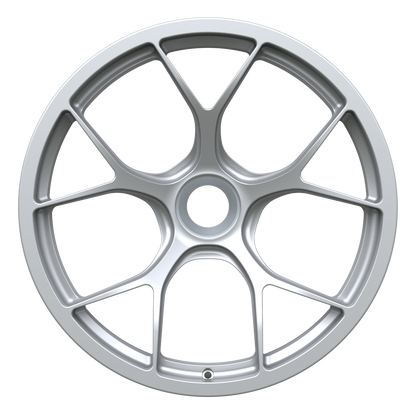 Strato Dynamics F5R forged monoblock centerlock wheel in Quick Silver finish, front view