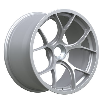Strato Dynamics F5R forged monoblock centerlock wheel in Quick Silver, angled hero view