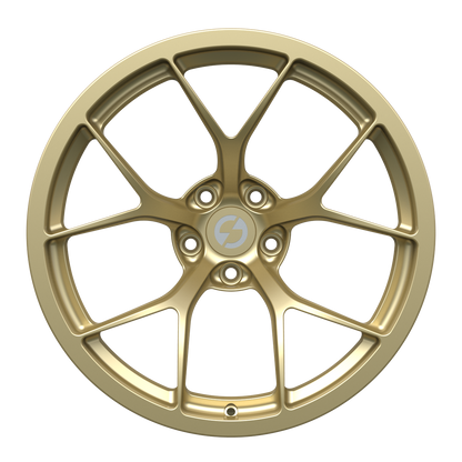 Strato Dynamics F5R forged monoblock wheel in Grand-Prix Champagne finish, front view
