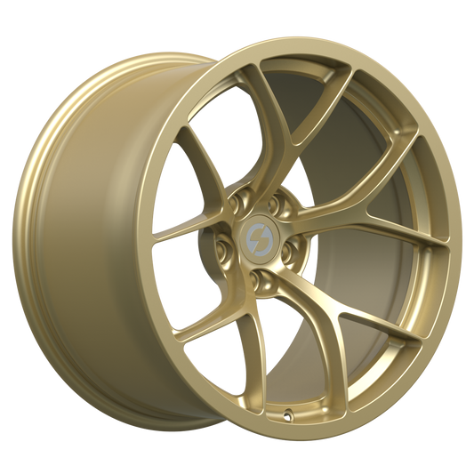 Strato Dynamics F5R forged monoblock wheel in Grand-Prix Champagne, studio hero angle