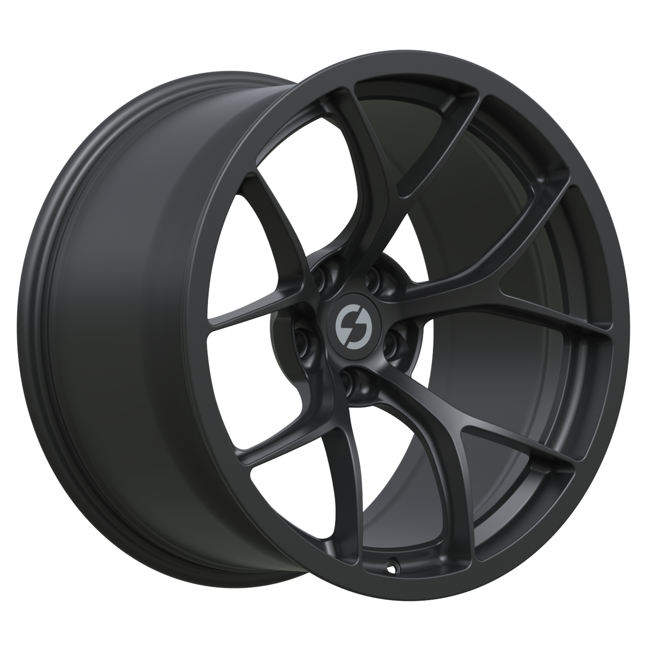 Strato Dynamics F5R forged monoblock wheel in Midnight Black, studio hero angle