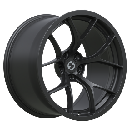 Strato Dynamics F5R forged monoblock wheel in Midnight Black, studio hero angle