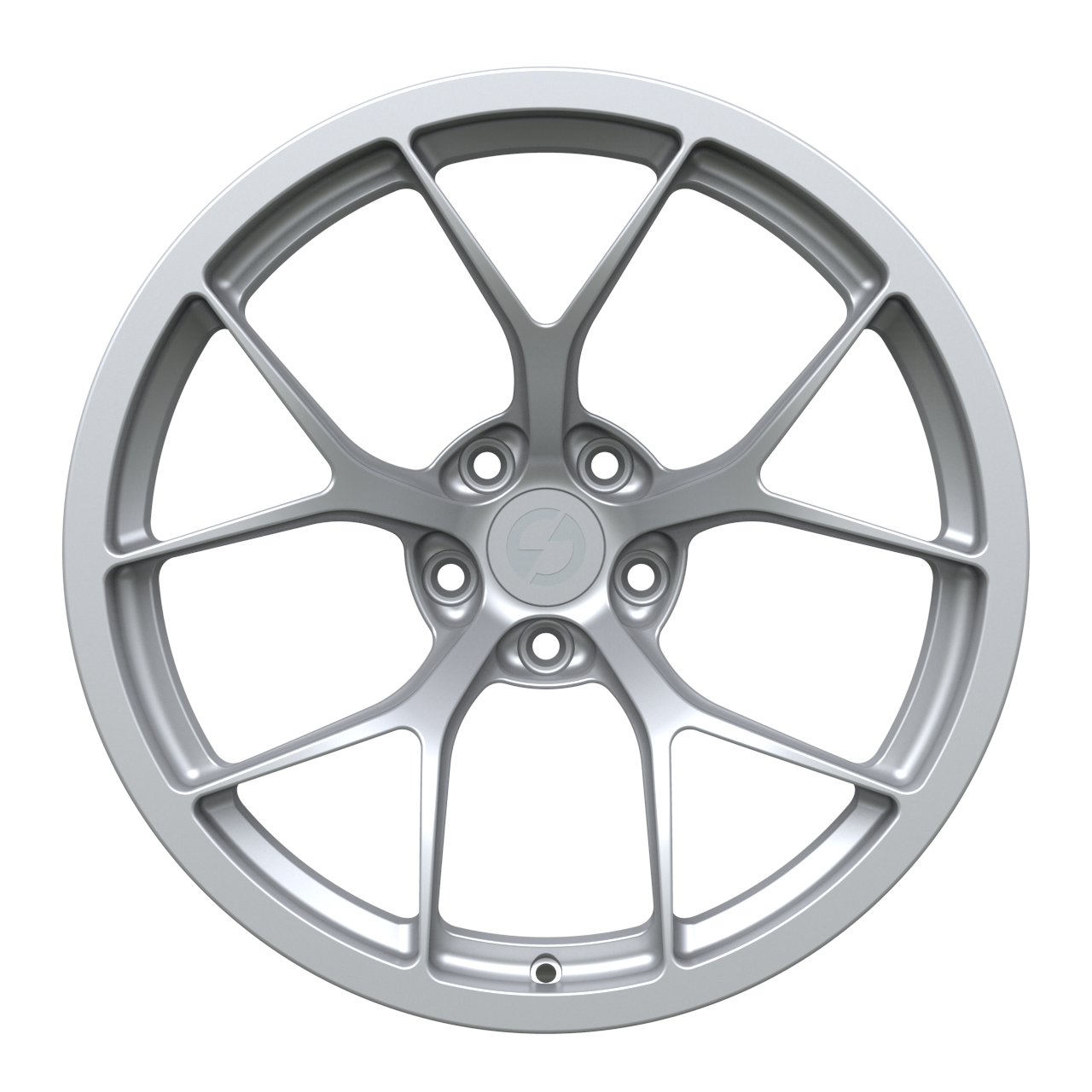 Strato Dynamics F5R forged monoblock wheel in Quick Silver finish, front view