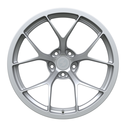 Strato Dynamics F5R forged monoblock wheel in Quick Silver finish, front view