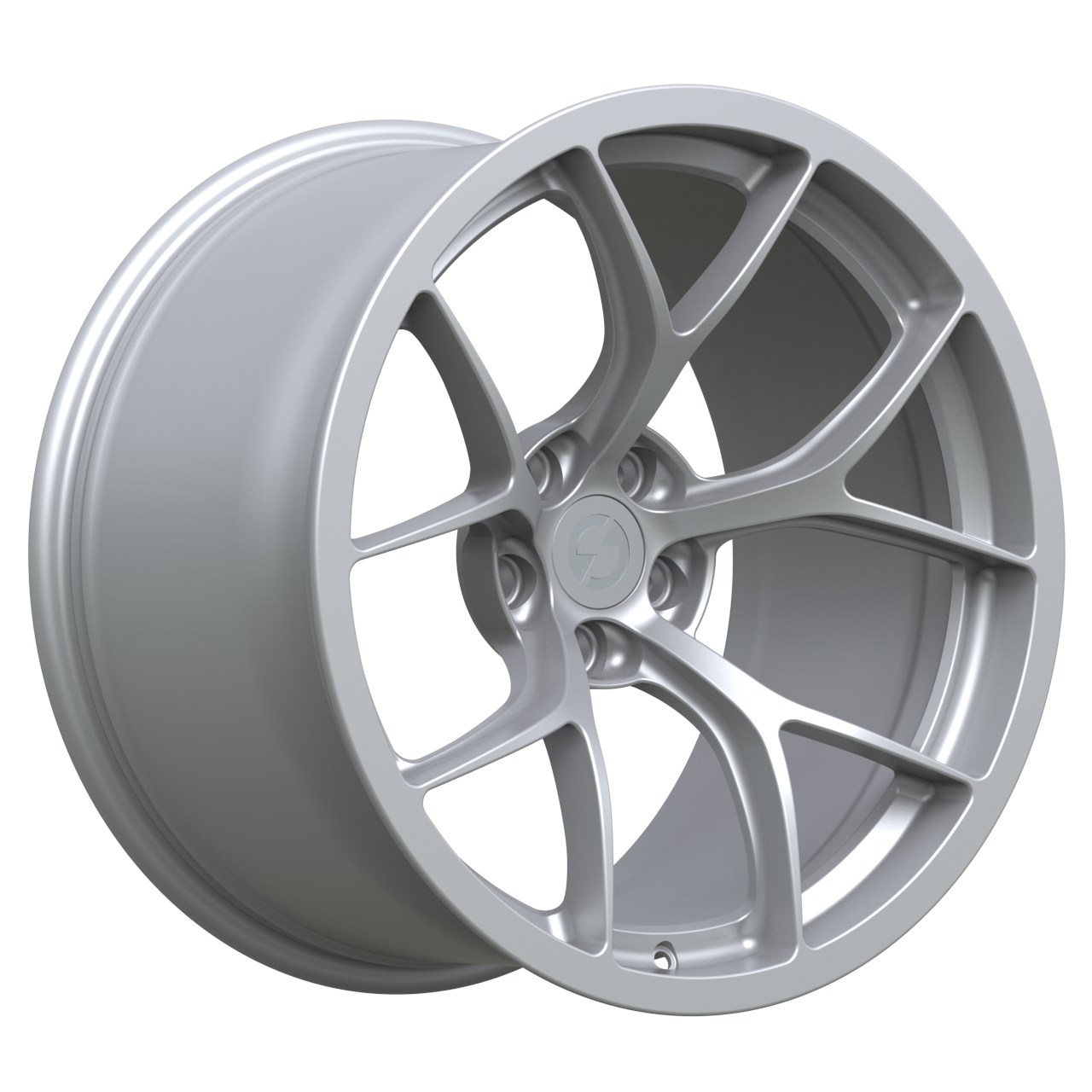 Strato Dynamics F5R forged monoblock wheel in Quick Silver, studio hero angle