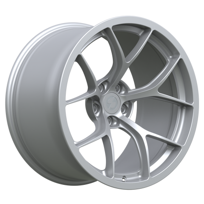 Strato Dynamics F5R forged monoblock wheel in Quick Silver, studio hero angle