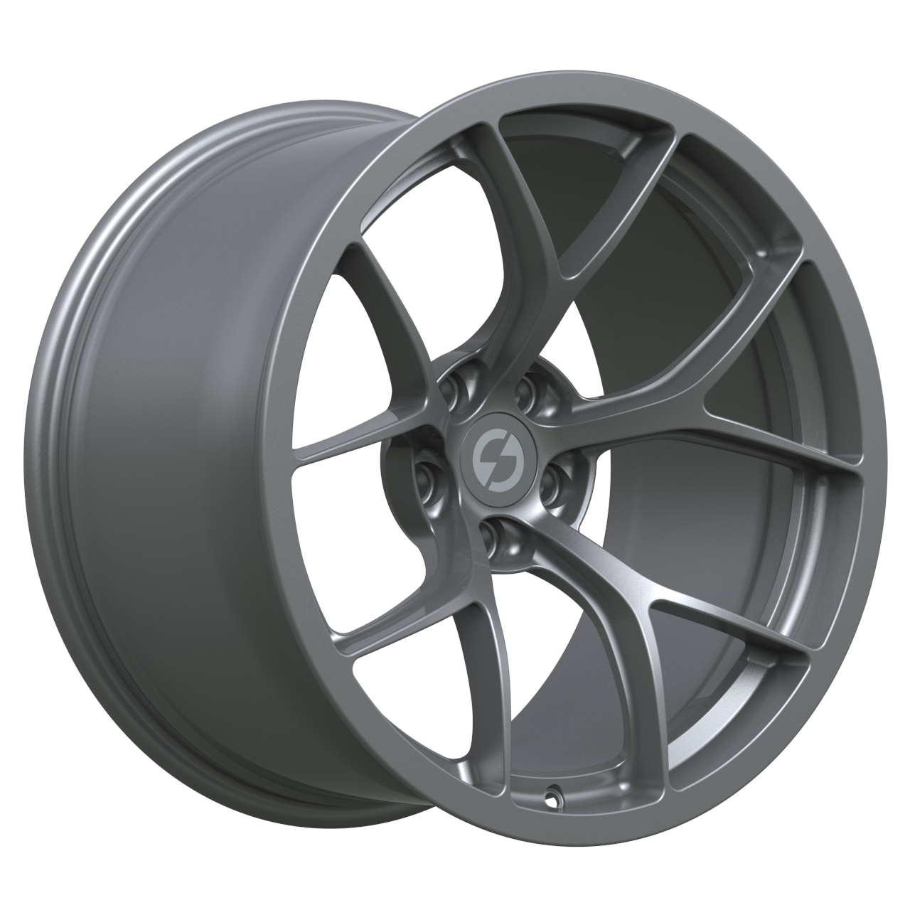 Strato Dynamics F5R forged monoblock wheel in Tactical Gray, studio hero angle