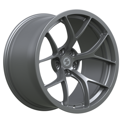 Strato Dynamics F5R forged monoblock wheel in Tactical Gray, studio hero angle