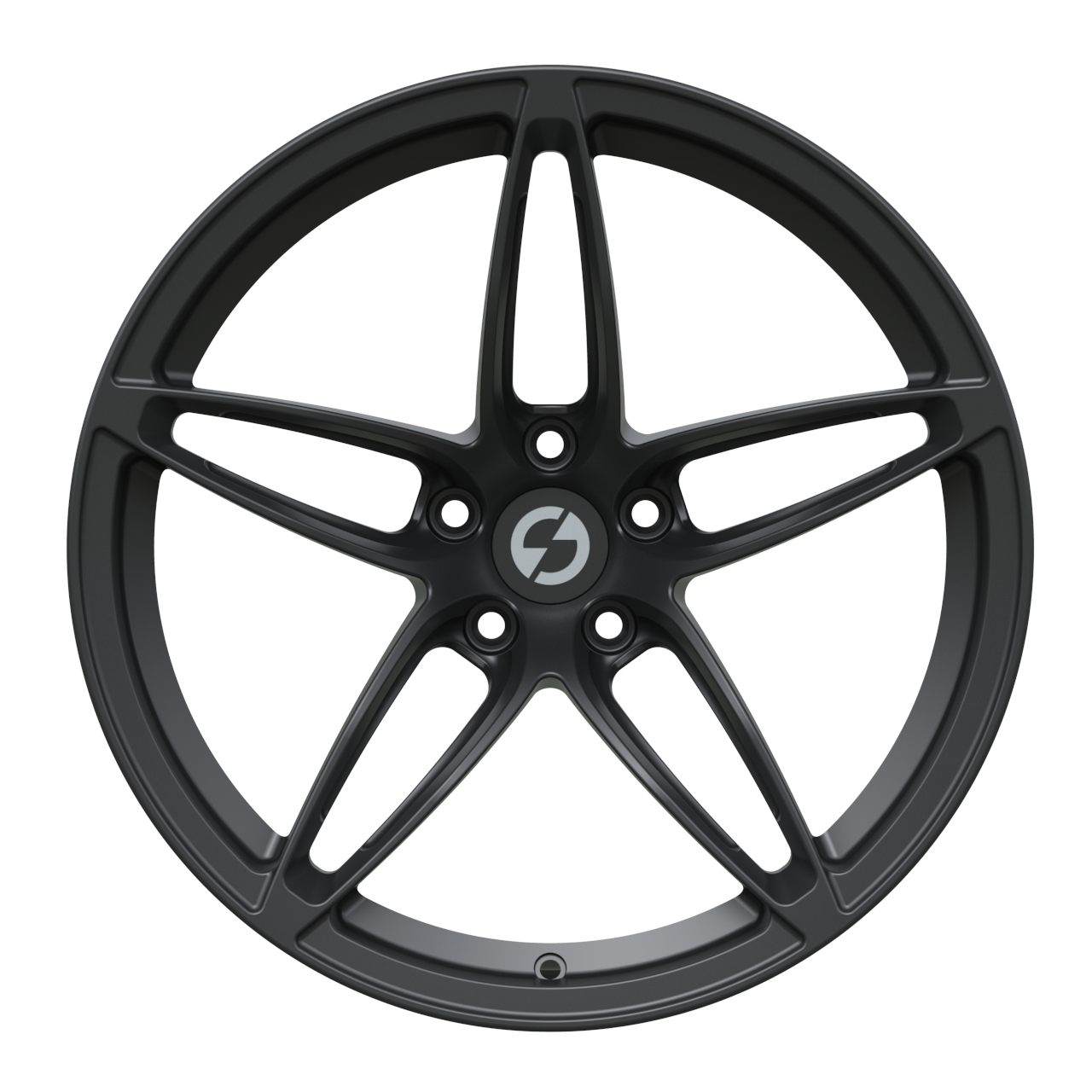 Front view of Strato Dynamics F5S forged wheel in Midnight Black showcasing clean spoke geometry and stealth performance styling.