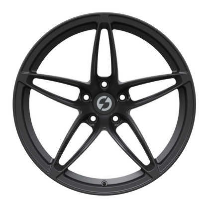 Front view of Strato Dynamics F5S forged wheel in Midnight Black showcasing clean spoke geometry and stealth performance styling.