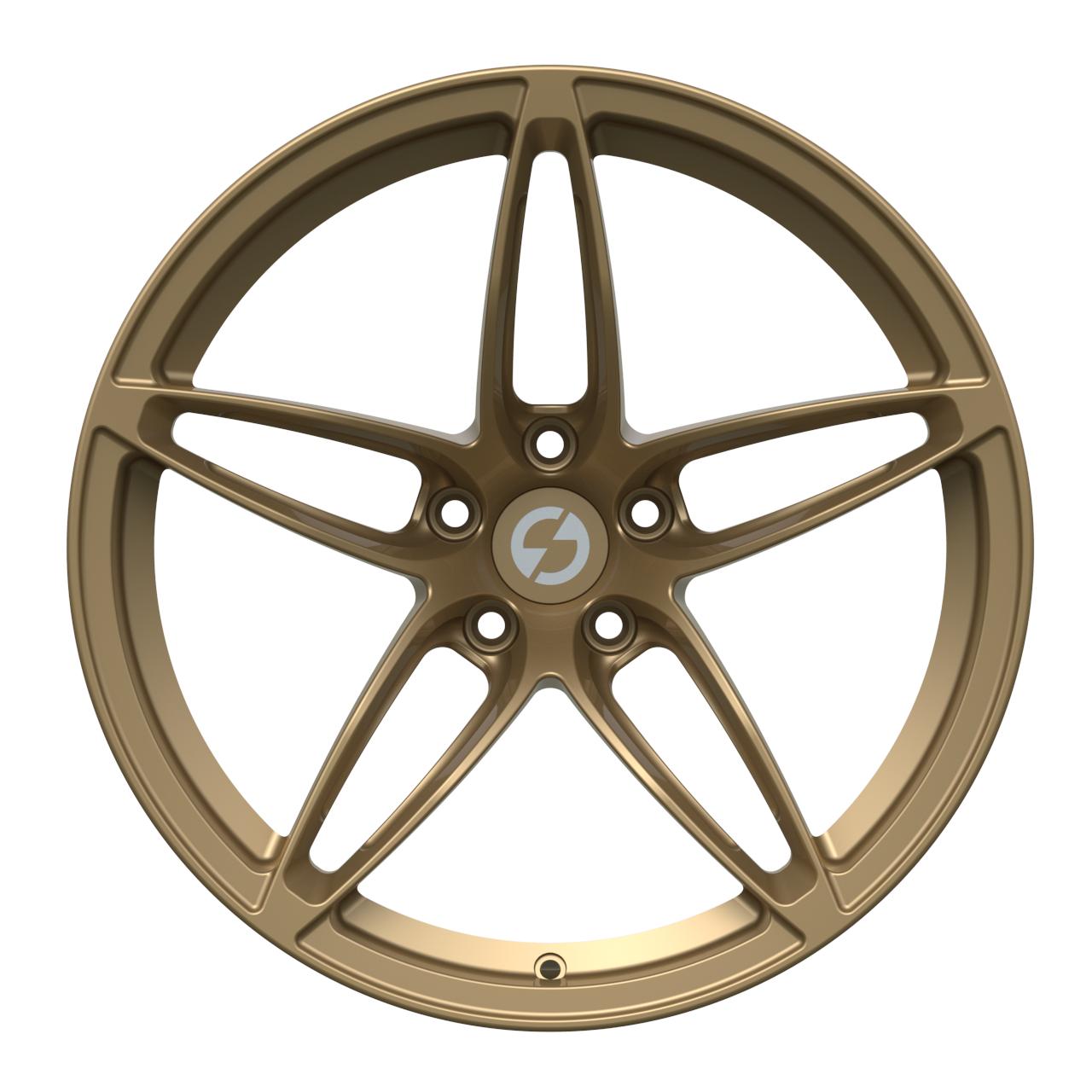 Front view of Strato Dynamics F5S forged wheel in Battle Bronze highlighting precision five-spoke design and premium metallic finish.