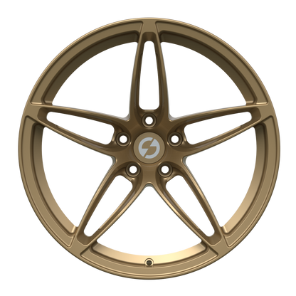 Front view of Strato Dynamics F5S forged wheel in Battle Bronze highlighting precision five-spoke design and premium metallic finish.