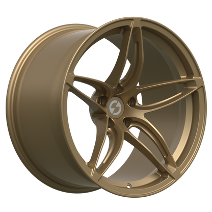 Strato Dynamics F5S forged monoblock wheel in Battle Bronze shown in 3/4 view emphasizing bold motorsport character and deep concave profile.