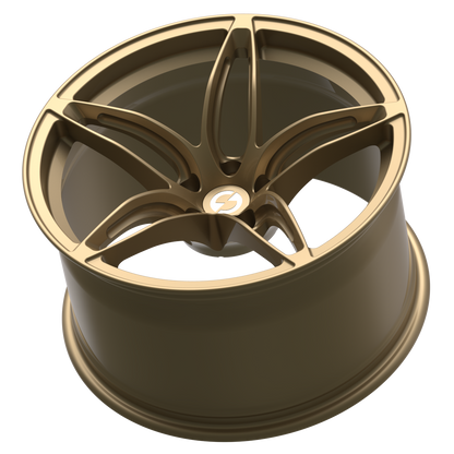 Rear angle of Strato Dynamics F5S forged wheel in Battle Bronze illustrating reinforced barrel construction for demanding performance use.