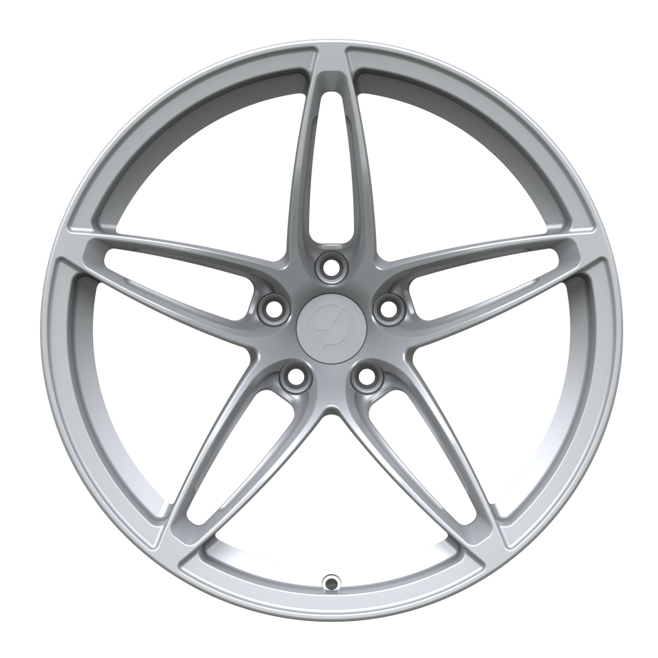 Front view of Strato Dynamics F5S forged monoblock wheel in Quick Silver featuring sculpted five-spoke geometry and precision-machined face.