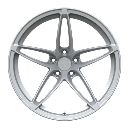 Front view of Strato Dynamics F5S forged monoblock wheel in Quick Silver featuring sculpted five-spoke geometry and precision-machined face.