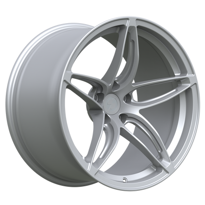 Strato Dynamics F5S forged monoblock wheel in Quick Silver shown in 3/4 view highlighting deep concave five-spoke design and lightweight performance architecture.