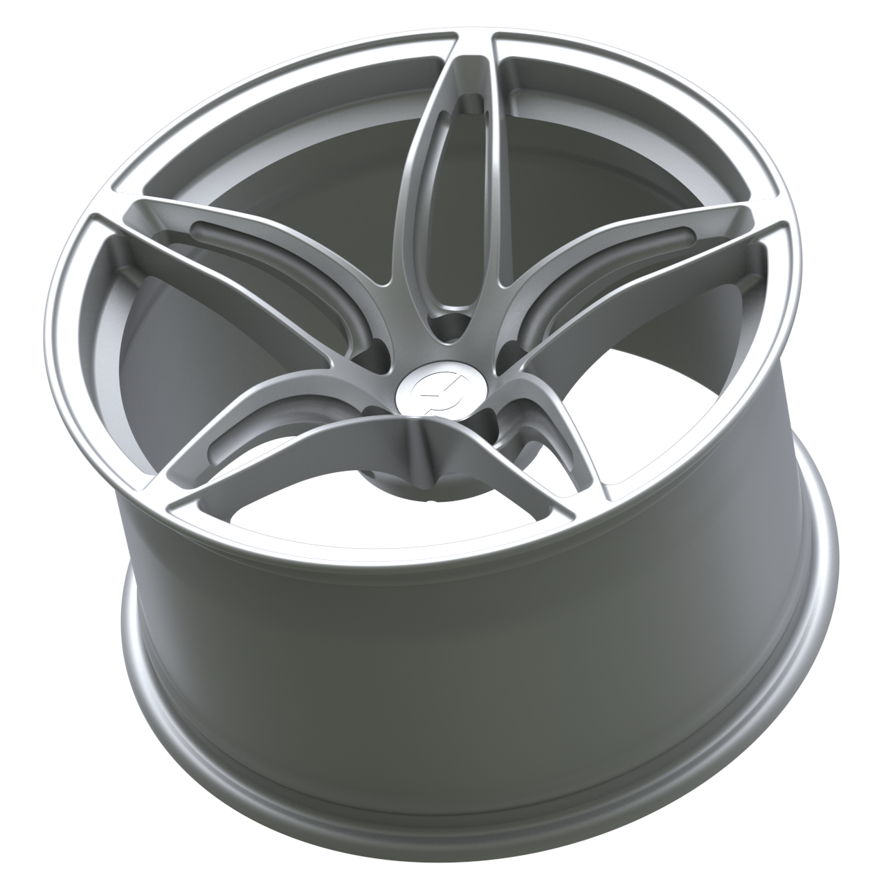 Rear angle of Strato Dynamics F5S forged wheel in Quick Silver displaying deep barrel construction engineered for strength and weight reduction.