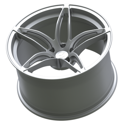 Rear angle of Strato Dynamics F5S forged wheel in Quick Silver displaying deep barrel construction engineered for strength and weight reduction.