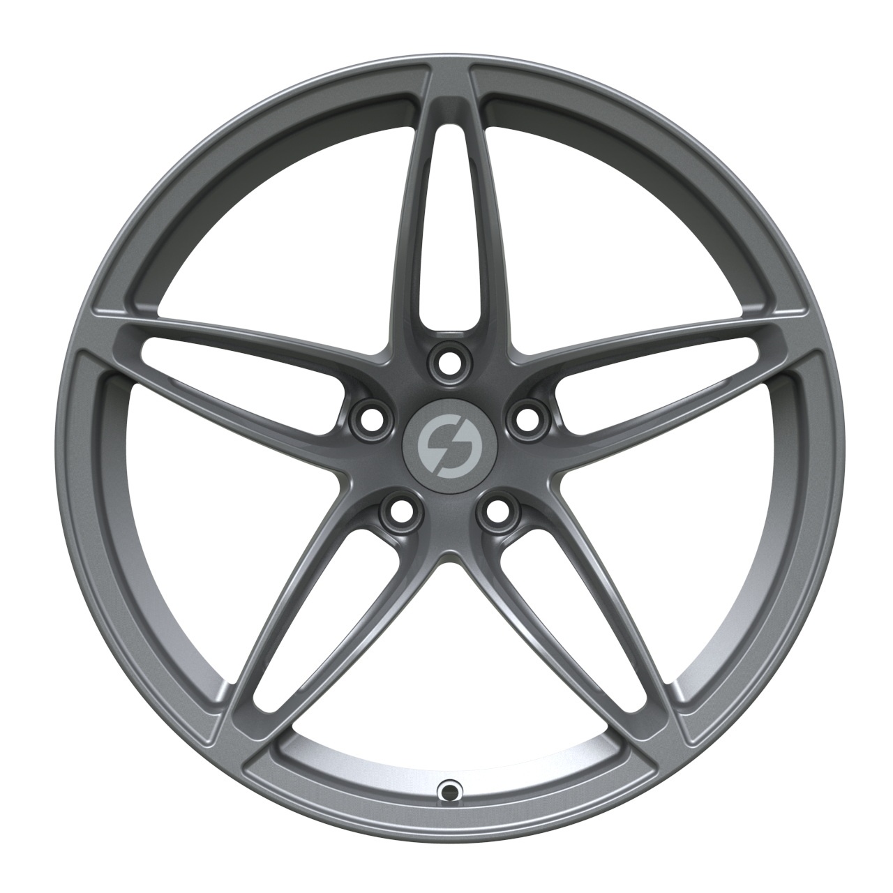 Front view of Strato Dynamics F5S forged wheel in Tactical Gray showcasing refined spoke contours and engineered symmetry.
