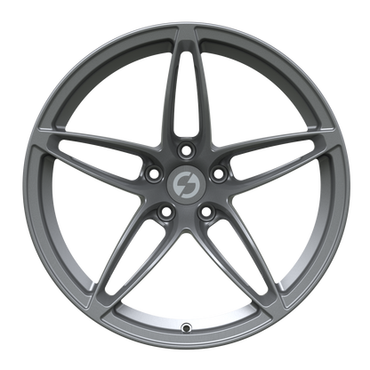 Front view of Strato Dynamics F5S forged wheel in Tactical Gray showcasing refined spoke contours and engineered symmetry.