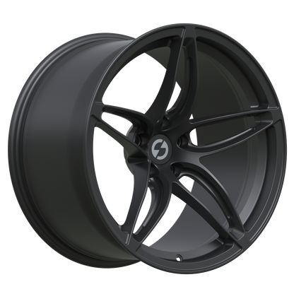 Strato Dynamics F5S forged monoblock wheel in Midnight Black shown in 3/4 view emphasizing aggressive concavity and motorsport-inspired five-spoke layout.