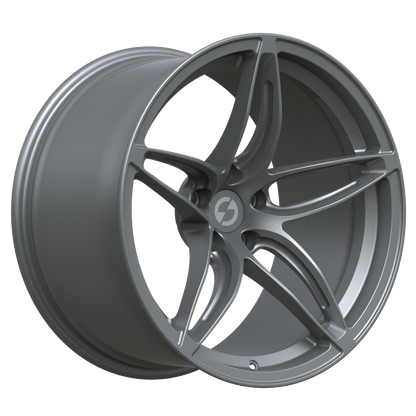 Strato Dynamics F5S forged monoblock wheel in Tactical Gray shown in 3/4 view accentuating angular five-spoke design and technical styling.