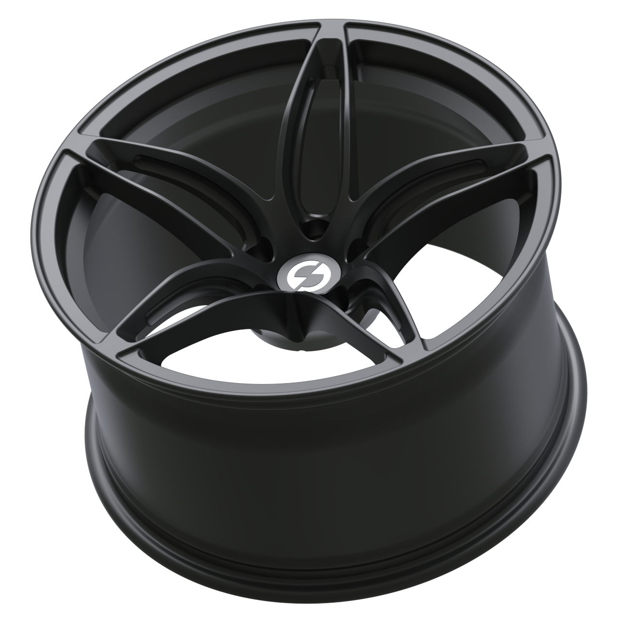 Rear angle of Strato Dynamics F5S forged wheel in Midnight Black revealing deep structural barrel engineered for high-performance driving.