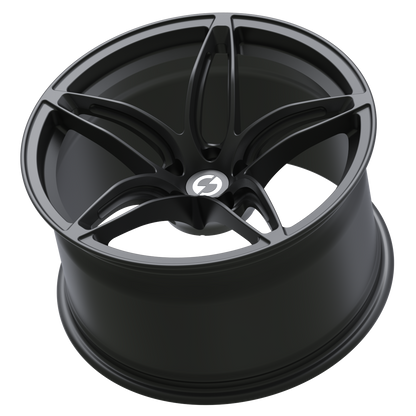 Rear angle of Strato Dynamics F5S forged wheel in Midnight Black revealing deep structural barrel engineered for high-performance driving.