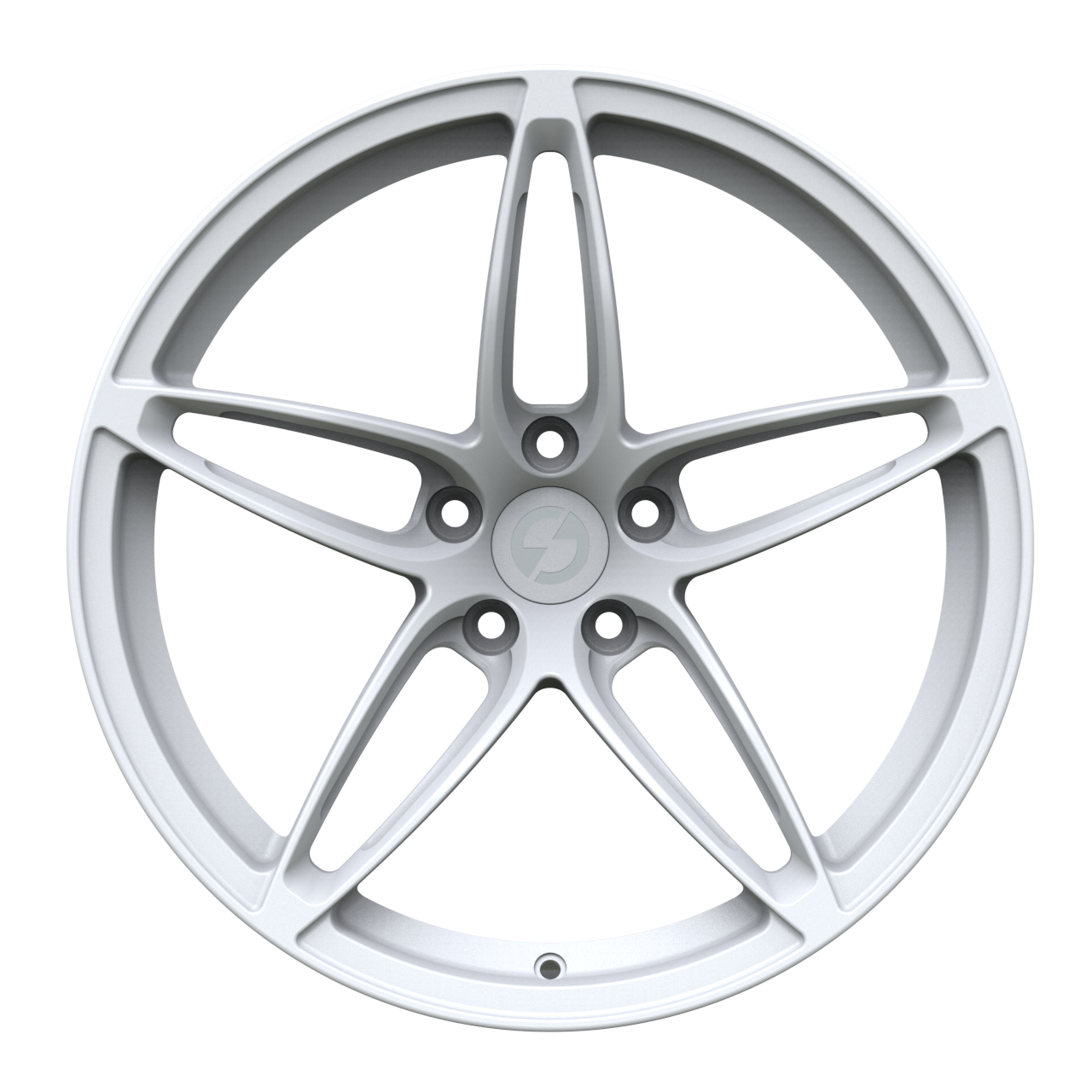 Front view of Strato Dynamics F5S forged wheel in Alpine White displaying symmetrical five-spoke styling and lightweight forged construction.