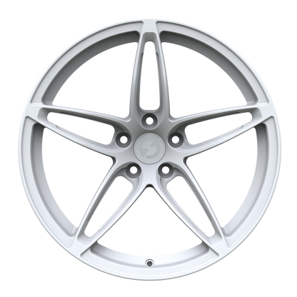 Front view of Strato Dynamics F5S forged wheel in Alpine White displaying symmetrical five-spoke styling and lightweight forged construction.