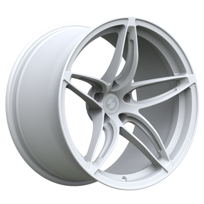 Strato Dynamics F5S forged monoblock wheel in Alpine White shown in 3/4 view highlighting sculpted five spokes and modern race-inspired design