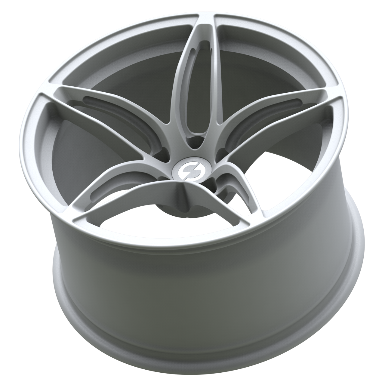 Rear angle of Strato Dynamics F5S forged wheel in Alpine White showing deep barrel architecture optimized for strength and agility.
