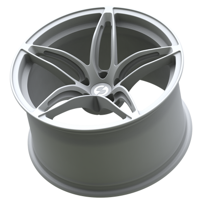 Rear angle of Strato Dynamics F5S forged wheel in Alpine White showing deep barrel architecture optimized for strength and agility.