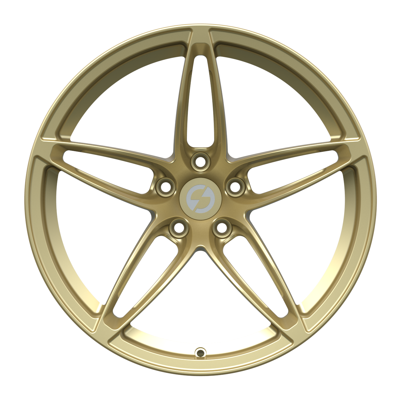 Front view of Strato Dynamics F5S forged wheel in Grand-Prix Champagne emphasizing sculpted five spokes and premium forged construction.