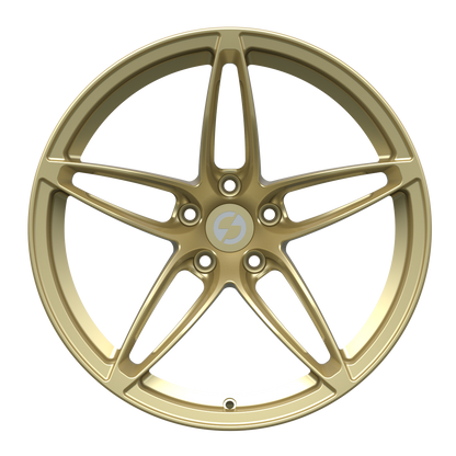 Front view of Strato Dynamics F5S forged wheel in Grand-Prix Champagne emphasizing sculpted five spokes and premium forged construction.