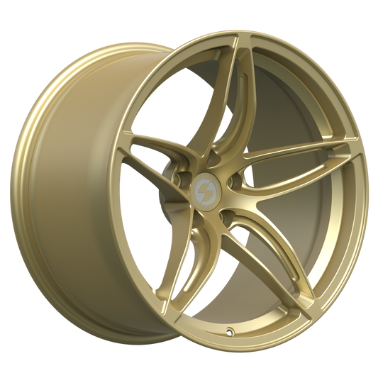 Strato Dynamics F5S forged monoblock wheel in Grand-Prix Champagne shown in 3/4 view highlighting elegant metallic tone and concave motorsport design.