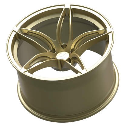 Rear angle of Strato Dynamics F5S forged wheel in Grand-Prix Champagne displaying deep structural barrel engineered for track-ready performance.