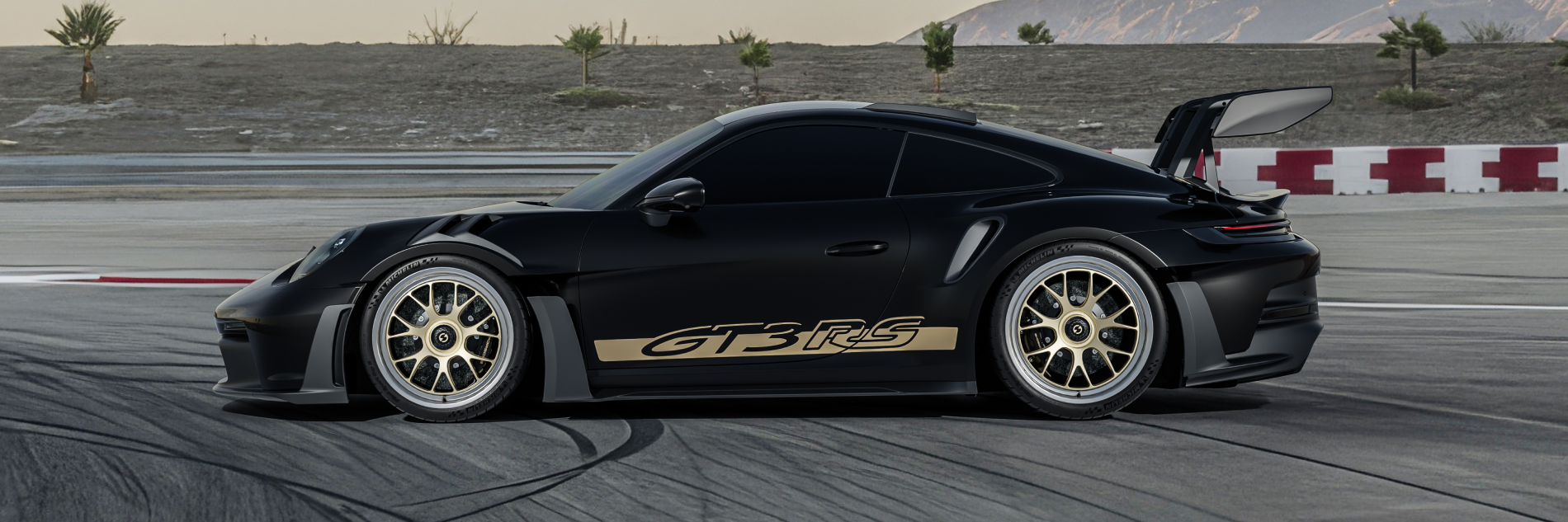 Strato Dynamics 992 GT3RS on centerlock B7S in Grand-Prix Champagne Gold at racetrack
